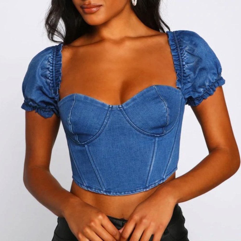 Windsor Fab And Chic Denim Puff Sleeve Bustier - Size Small